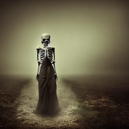 Prompt: skeleton in a dress, mikko lagerstedt