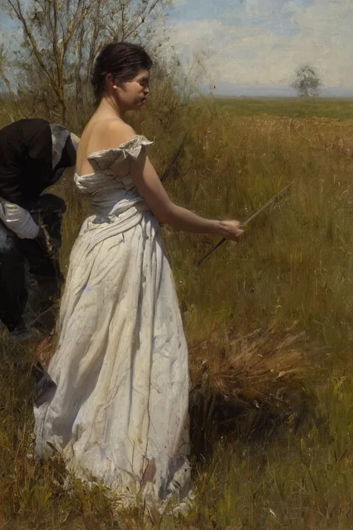 Image similar to Solomon Joseph Solomon and Richard Schmid and Jeremy Lipking painting full length portrait painting of a young woman going to work in the field