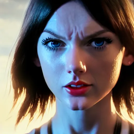 Prompt: cinematic still of taylor swift in alita : battle angel ( 2 0 1 9 ), xf iq 4, f / 1. 4, iso 2 0 0, 1 / 1 6 0 s, 8 k, raw, dramatic lighting, symmetrical balance, in - frame