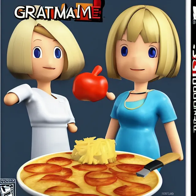 Prompt: videogame box art for the game'gratin maker 3 ds'( 2 0 0 5 ) showing a blonde female mii and a brunette male mii smiling in a kitchen with a gratin in front of them, low poly, cgi cartoon, detailed