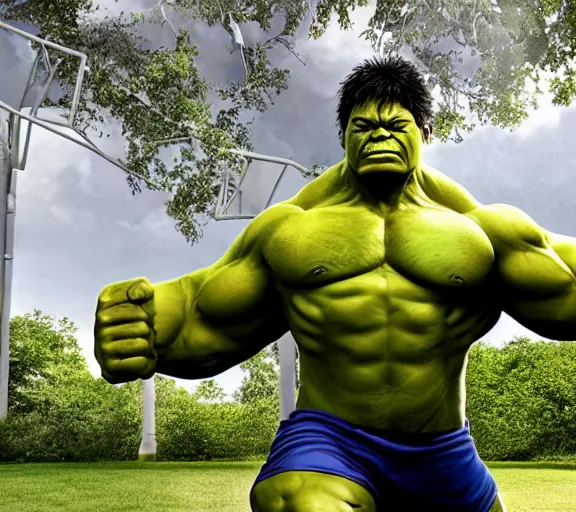 Prompt: hulk playing soccer in the park, ultra realistic, hdr, 8 k, award winning, by joe jusko