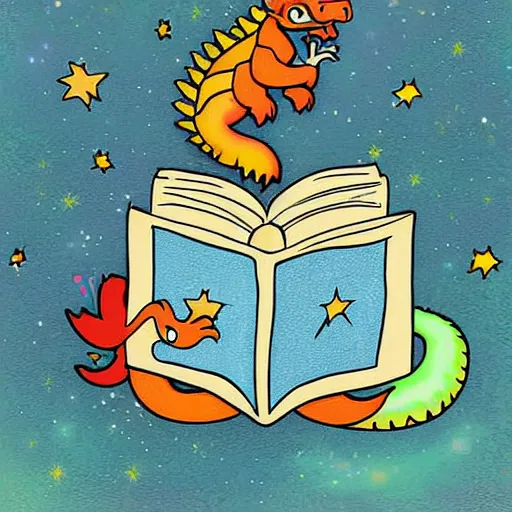 Image similar to cute dragon reading book under the stars, digital art