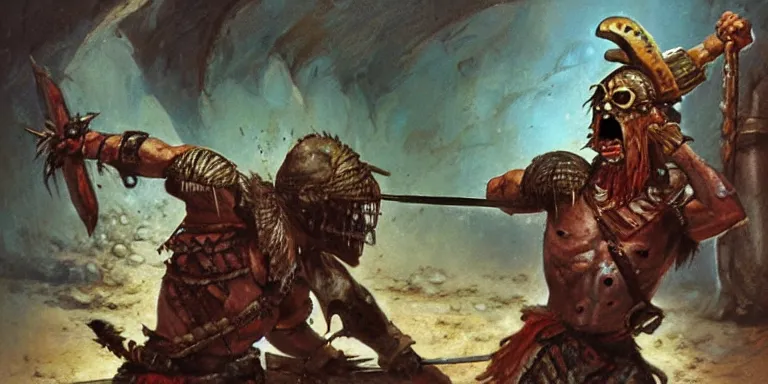 Prompt: a barbarian warrior fights a mummy in an old tomb, concept art by boris vallejo and michael whelan