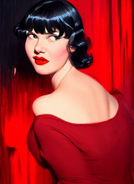 Image similar to portrait of betty page with bangs, 1 9 6 0 s, long hair, red clothes, bangs, intricate, elegant, glowing lights, highly detailed, digital painting, artstation, concept art, smooth, sharp focus, illustration, art by wlop, mars ravelo and greg rutkowski