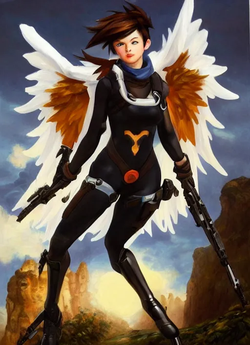 Image similar to oil painting of tracer overwatch in the style of sophie anderson, flying, angel wings, black outfit,