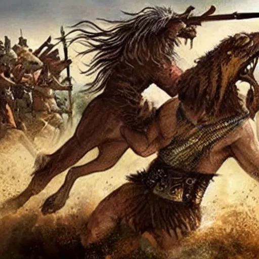 Image similar to a wild beast warrior defeating 1 0 0 0 men army in egypt