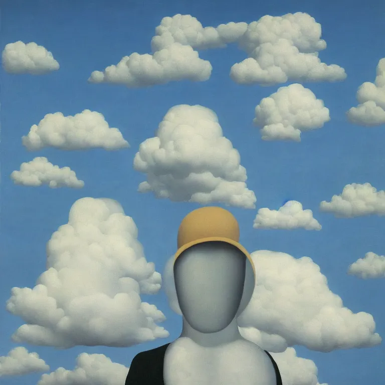 Image similar to cloud - man, by rene magritte, centered, detailed painting, hd, hq, high resolution, high detail, 4 k, 8 k