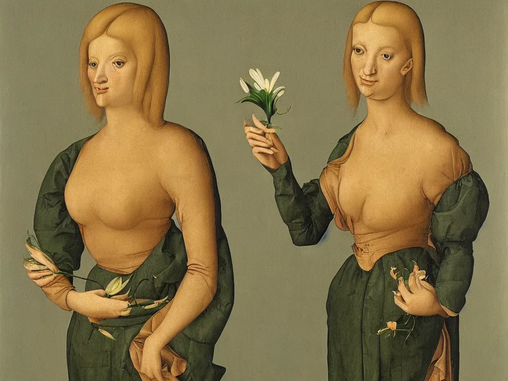 Image similar to Portrait of a simple, harsh, ugly blonde woman holding a lily. Painting by Hans Baldung Grien