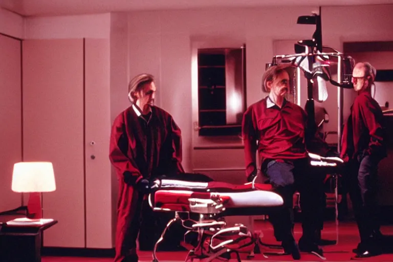 Image similar to a scene from the movie dead ringers with jeremy irons, dark cinematic lighting, heavy black and red palette and color contrast, medical equipment, movie directed by wes craven