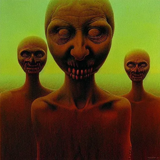 Image similar to highly detailed dystopian surreal painting of eerie grinning head statues and buildings by zdzisław beksinski