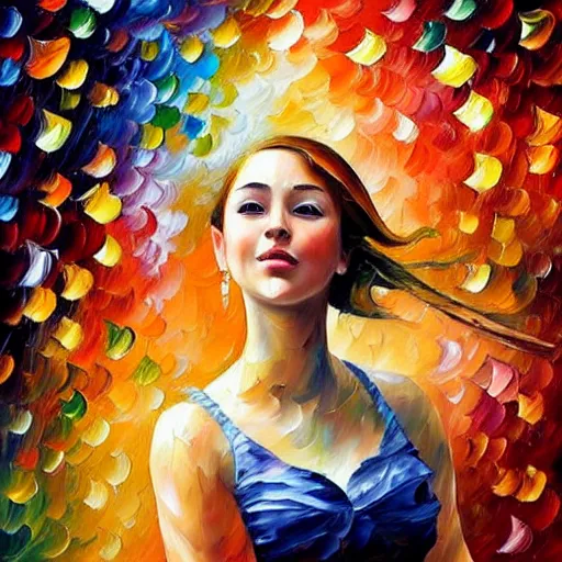 Image similar to highly detailed painting of a beautiful young woman, dancing in the rain, intricate, high quality oil painting artstyle, in the style of leonid afremov, deviantart, figurative art, deviantart, ilya kuvshinov, lovecraftian, very detailed face, portrait