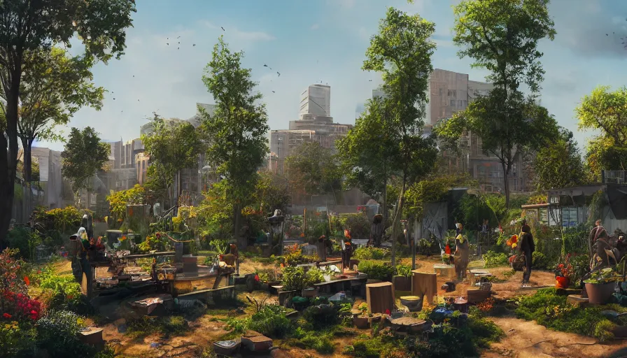 Image similar to craft garden with people working on it built in destroyed washington dc, sunny day, volumetric light, hyperdetailed, artstation, cgsociety, 8 k