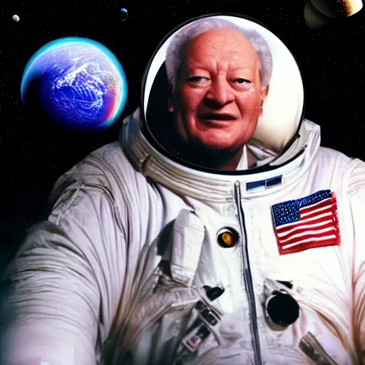 Image similar to yeltsin in outer space, behind him is a planet, space art in color