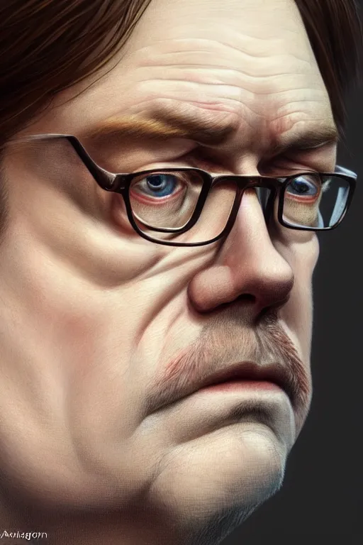 Prompt: ultra detailed close up face portrait of dwight schrute from the office, extremely detailed digital painting, in the style of fenghua zhong and ruan jia and jeremy lipking and peter mohrbacher, mystical colors, rim light, beautiful lighting, 8 k, stunning scene, raytracing, octane, trending on artstation