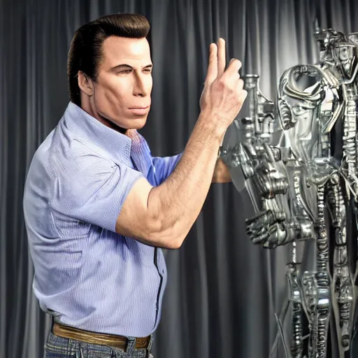 Image similar to animatronic John Travolta, exposed mechanics, photo, Stan Winston studios, detailed, 4k