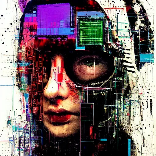 Image similar to portrait of a hooded character wearing a cyberpunk visor, digital ui, by Guy Denning, by Johannes Itten, by Russ Mills, glitch art, hacking effects, glitch effects, chromatic, color blocking, oil on canvas, concept art, abstract