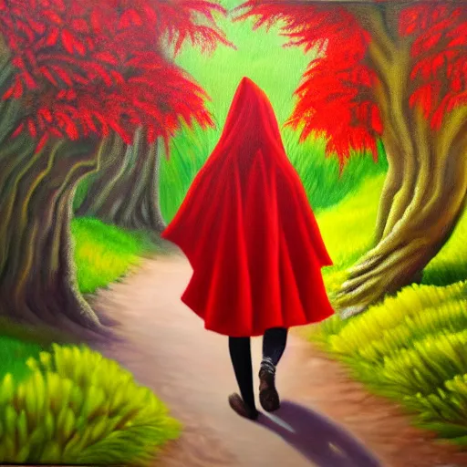 Prompt: oil painting of little red riding hood walking through a fantasy landscape filled with brugmansia suaveolens flowers