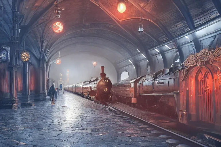 Image similar to some wizard waiting in hogwart train station in quiet dark city, hyper detailed, orange red blue tones dramatic lighting, cgsociety, realistic, hyper detailed, insane details, intricate, dramatic lighting, hypermaximalist, golden ratio, rule of thirds, octane render, weta digital, micro details, ultra wide angle, artstation trending, 8 k,