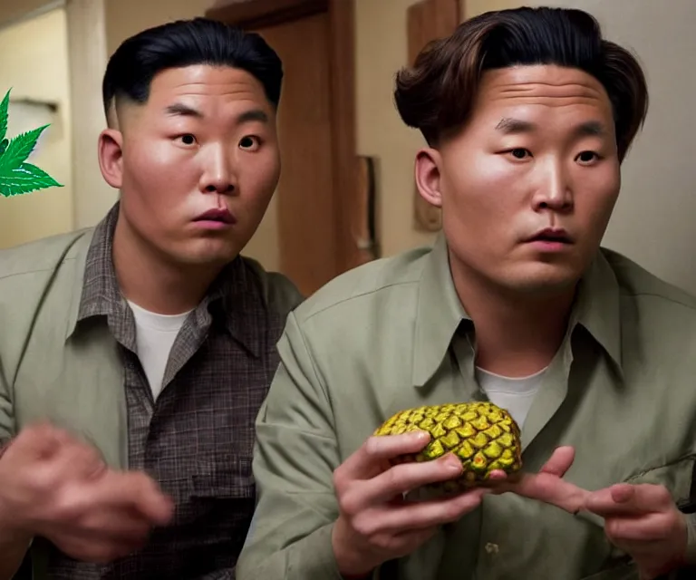 Image similar to hyperralism pineapple express movie still photography of real detailed north korean kim chen with detailed face smoking high detailed weed and reviewing weed bush in detailed basement bedroom ultra violet light