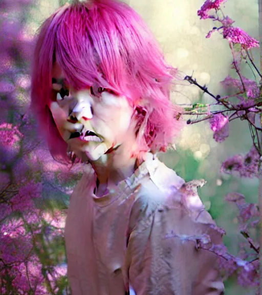 Image similar to pink haired bts jimin, muted colors, colorful flowers, sunlight filtering through skin, by alan lee, wlop, illustrated by starember, fantasy art by craig mullins cfg _ scale 9