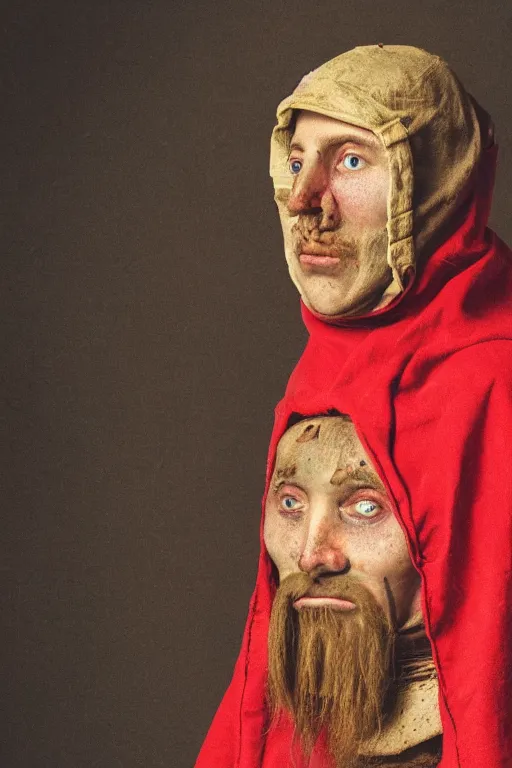 Prompt: medieval man wearing a red potato sack over his head, bloody, looking at the camera