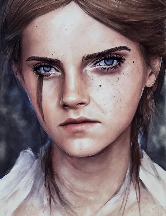 Prompt: portrait of a young emma watson as ciri from the witcher 3, beautiful eyes, aquarelle, realistic painting, freckles, 1 / 4 headshot