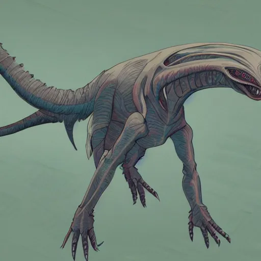 Image similar to concept art painting of an alien animal creature, detailed, cel shaded, in the style of makoto shinkai and moebius and james gurney