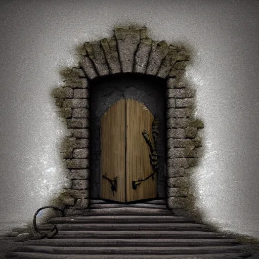 Image similar to portal opening behind an old door, digital art, 4 k, fantasy