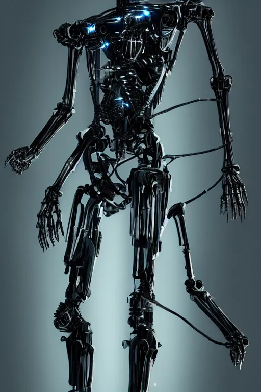 Image similar to skeletal black mecha (carbon fiber) cyberpunk 2077 long limbs black panels reflective. Skeletal face android face one eye ((glowing_red_eye)) exposed wiring cable wire harness RTX On UE5 Artstation Bladerunner 2049 scene