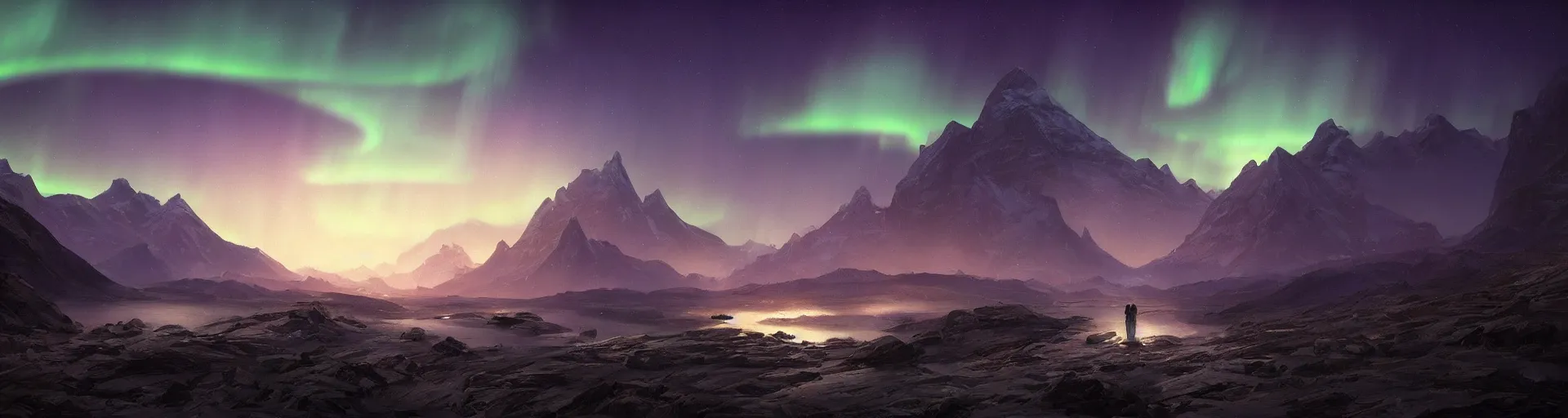 Prompt: beautiful render of a landscape, unreal engine, night, aurora borealis, mist, majestic mountains, by greg rutkowski, cgsociety