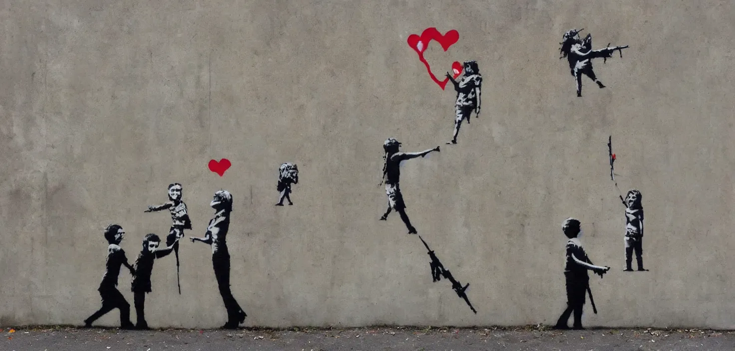 Image similar to love war and apocalypse, banksy, street art