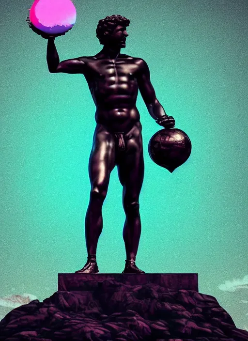 Prompt: statue of atlas holding the world, beeple, vaporwave, retrowave, black background, neon wiring, black, glitch, strong contrast, cuts, pinterest, trending on artstation