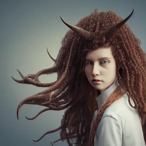 Image similar to a profile of girl with long curly hair and big horns, octane render, 4 k, 8 k, behance hd