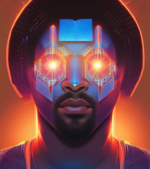 Image similar to symmetry!! egyptian prince of technology, solid cube of light, hard edges, product render retro - futuristic poster scifi, lasers and neon circuits, brown skin man egyptian prince, intricate, elegant, highly detailed, digital painting, artstation, concept art, smooth, sharp focus, illustration, dreamlike, art by artgerm