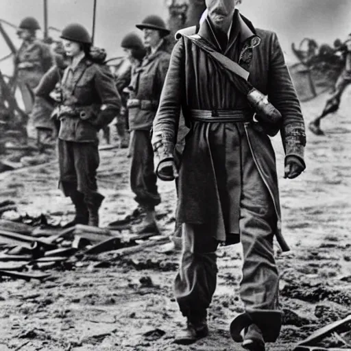 Prompt: Doctor Strange as an American soldier on D Day, epic, WWII, 1940s photo, cinematic, highly detailed, gritty, combat, sharp focus, closeup