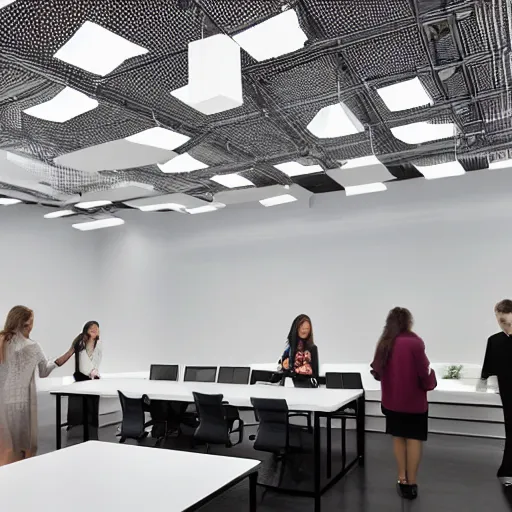 Prompt: architecture presentation in an modern white office, crowd of beautiful female designers in designer clothing critiquing eldritch balsa wood model with spotlight, highly detailed, white modern furniture, elegant, professionally lit