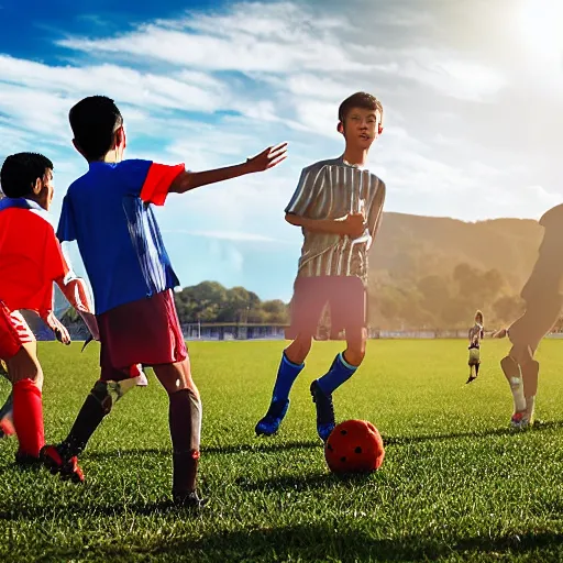 Image similar to boys playing soccer on a floodplain field with family members sitting in the stands, south america's, sunny day, atmosphere, dynamic light, photorealistic, dynamic light, ultra detailed