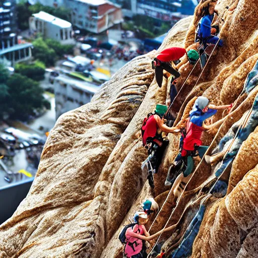 Image similar to tilt-shift photography of a group of climbers scaling a croissant, 8k, highly realistic, render