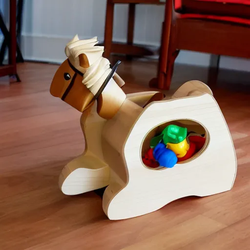 Image similar to the trojan horse inside of a rocking horse, toy for toddlers