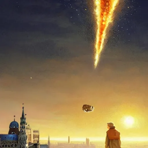 Image similar to , city of munich!!!, huge bright meteor falling from the skies!!!, people in panic!!, hyperrealistic, highly detailed, cinematic, golden sunlight, beautiful, cgssociety, artstation, 8 k, oil painting by greg rutkowski, by artgerm, by wlop