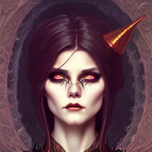 Image similar to halloween funny witch woman, fantasy magic, undercut hairstyle, intricate, elegant, sharp focus, illustration, highly detailed, digital painting, concept art, matte, art by wlop and artgerm and greg rutkowski and alphonse mucha, masterpiece