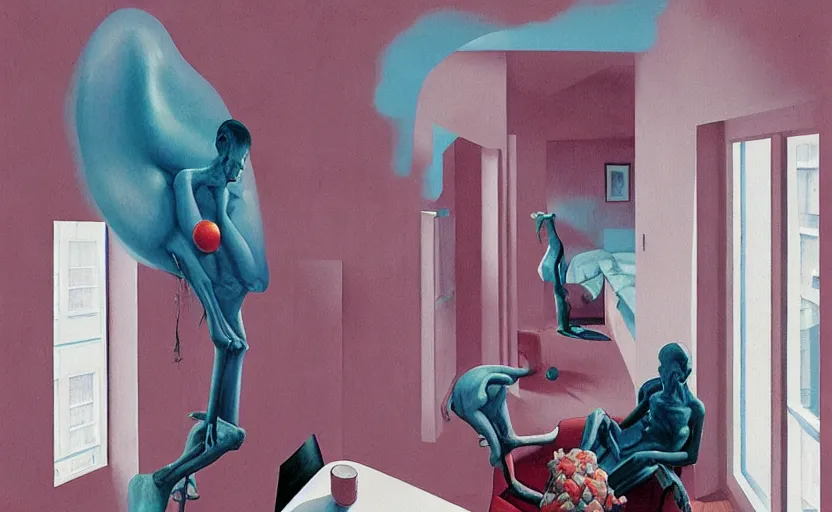 Prompt: Cozy apartment, very coherent, painted by Francis Bacon and Edward Hopper, Wayne Barlowe, painted by James Gilleard, surrealism, airbrush, art by JamesJean