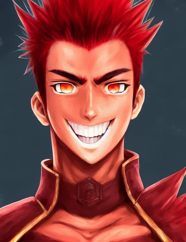 Prompt: a detailed manga portrait of an attractive tall boy with spiked crimson hair and a menacing smile in fiery crimson crystalline armour, trending on artstation, digital art, 4 k resolution, detailed, high quality, sharp focus, hq artwork, coherent, insane detail, character portrait