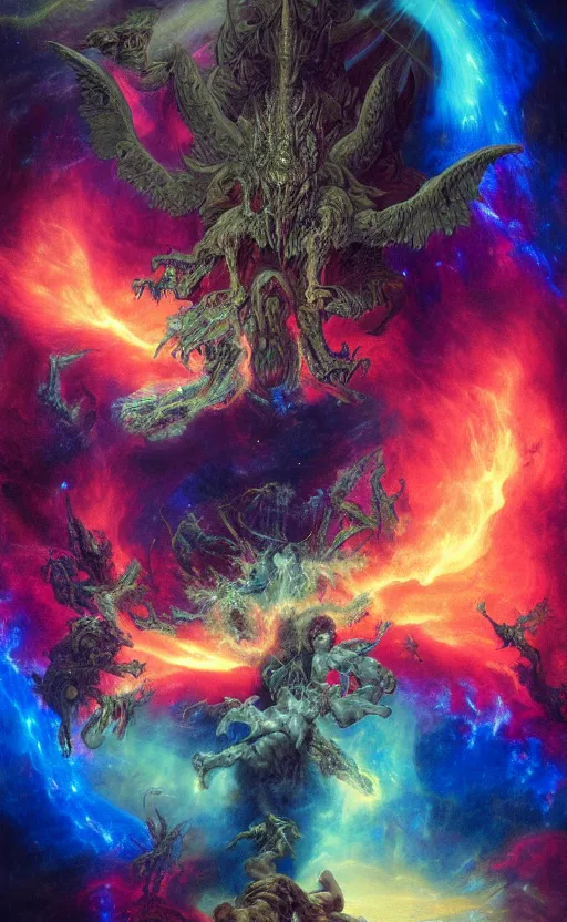 Prompt: horde of demons and angels flying into a nebula portal in the sky, detailed, vivid colors, masterpiece painting, octane render, neon colors, volumetric lighting, cinematic, by gustave dore, by michelangelo, by h. r. giger