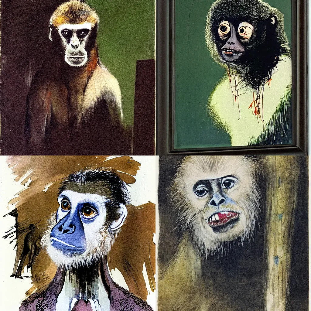 Prompt: portrait of a gibbon by, Ralph Steadman, Francis bacon