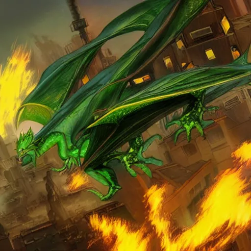 Prompt: green dragon flying over a burning city anime style trending in artstation