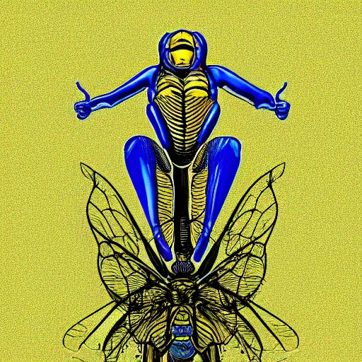 Image similar to human man that resembles a wasp morh in surreal sketch style, blue and yellow gradient, noise, ultrafine detail, hd 8k, logo illustration