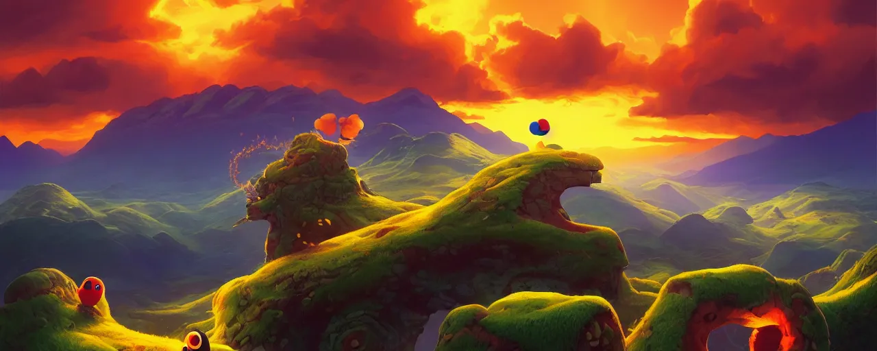 Image similar to detailed round pacman being chased by ghosts, in a beautiful nature landscape with clouds, mountains, in background, sunset, by rhads, round pacman, detailed, coherent