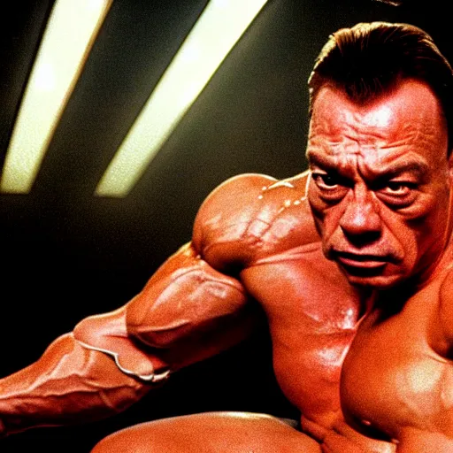 Prompt: Jean Claude Vandamme, 1992, doing the splits over a toilet, dramatic lighting, award winning, octane,