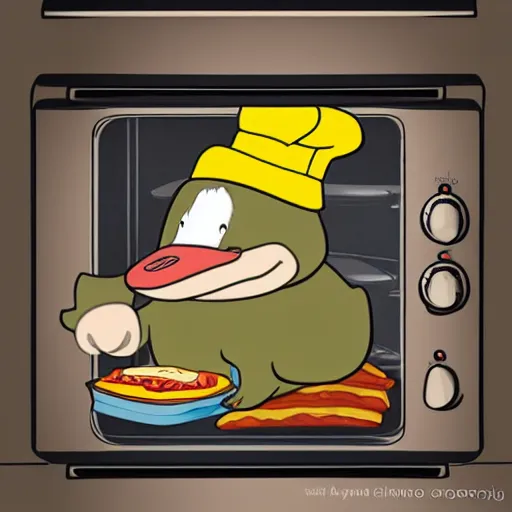 Image similar to comic cute platypus on a kitchen wearing a chef hat and holding a lasagna into an oven, comic style